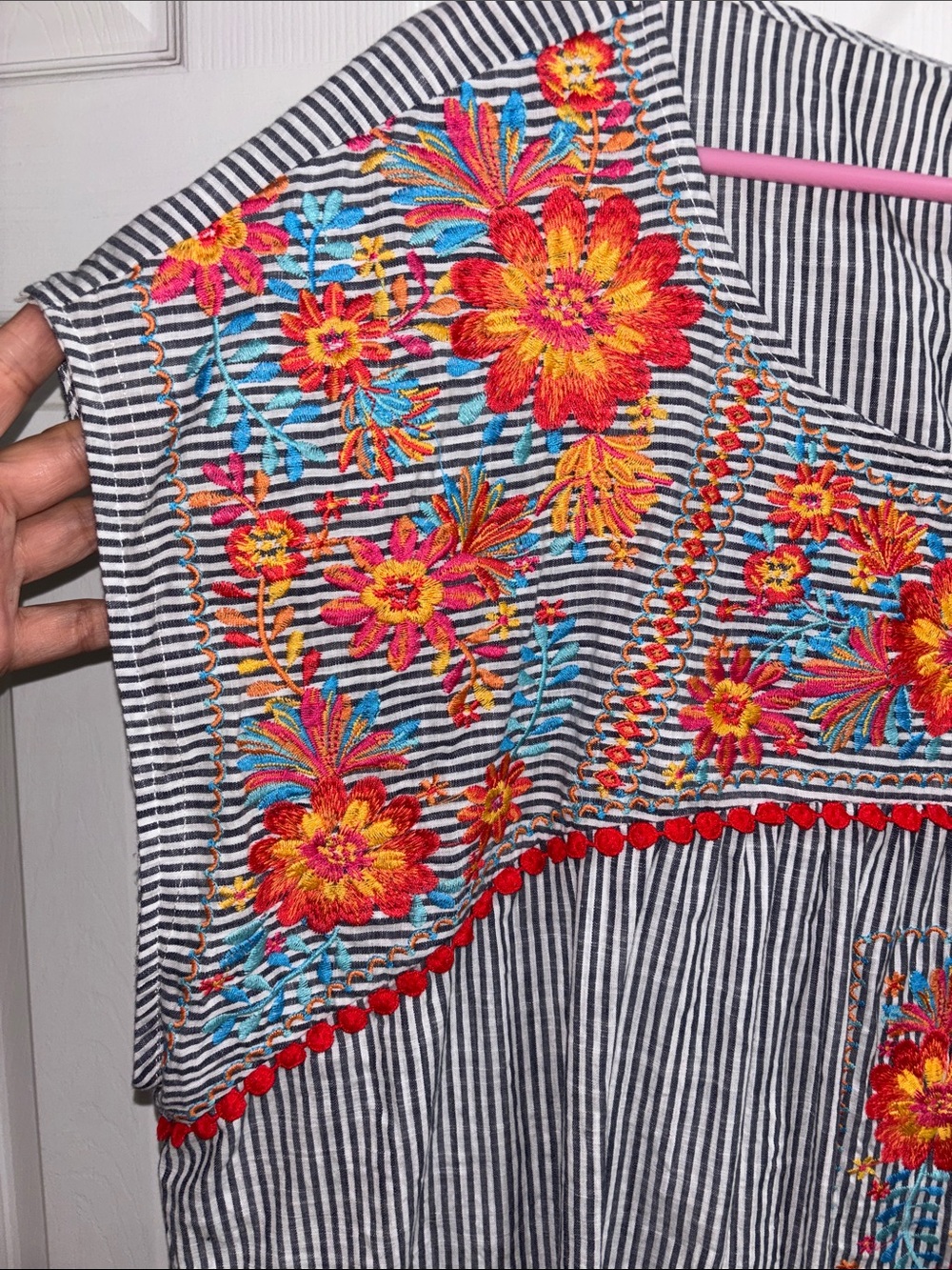 Striped Embroidered Floral Peasant Top - Multicolor - Picture 6 of 8